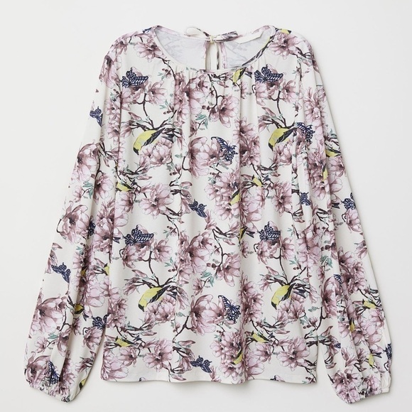 H&m Creped Jersey Top Birds Butterfly Floral Sz M - Picture 1 of 8